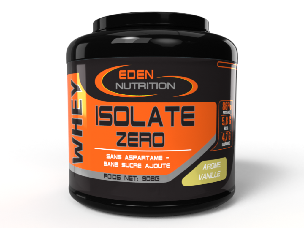 Isolat de protéine de lactosérum "Zero" d'Eden Nutrition pour récupération musculaire, croissance musculaire, faible en glucides et en graisses.